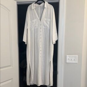 Zara White Linen Blend Button-Front Maxi Shirt Dress